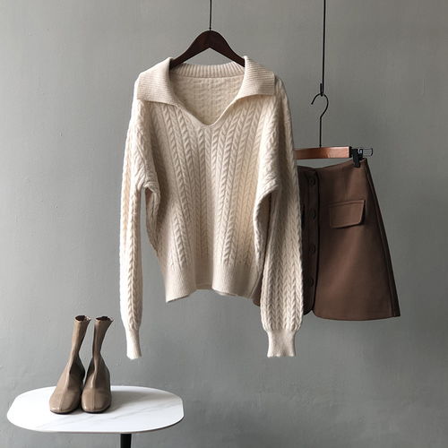 言雙polo翻領毛衣女2021秋冬新款韓版v領寬松慵懶風針織上衣lx06