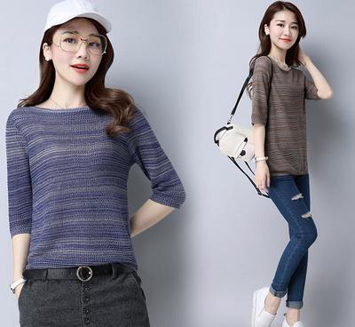 【夏季短款鏤空薄款針織衫女套頭大碼寬松空調衫中袖T恤上衣蝙蝠衫】價格_廠家_圖片 -